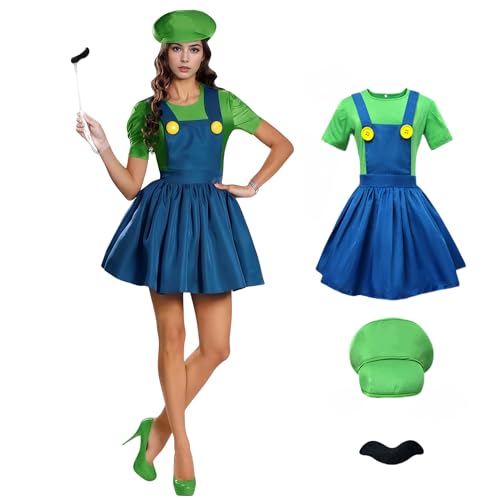 Klempner-Kostüm, Cosplay, Klempnerrock-Kostüm für Erwachsene, kurzärmelig, Trägerkleid, zweiteiliges Set mit Hut für Halloween, Karneval, Party (Grün, XL) von Generisch
