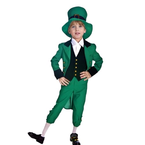 Kobold-Kostüm, Cosplay, Irisches St. Paddys Day, Kostüm, Cosplay, grüner Frack und Hose, Set mit Hut für Halloween und St. Patrick's Day, Grün (Kinder), Größe M von Generisch