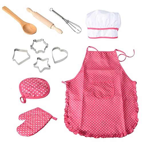Kochset Kinder, 11 Stücke Mini-Kochspielzeug für Kinder Koch-Gebäckset Rollenspielzubehör, Inklusive Küchenschürze, Kochmütze, Handschuhe, für Jungen, Mädchen im Alter von 3-10 Jahren (Rosa) von Generisch
