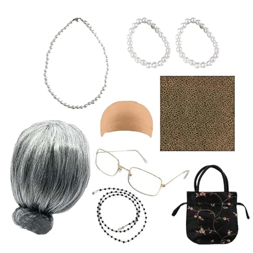 Kostüm für alte Dame – 100. Schultag, Oma-Outfit, ausgefallenes altes Damenkostüm für Kinder, 7/9-teilig Neuheit für Mädchen, lustiges Verkleidungsset für 7–12 Jahre, Motto-Party Kostüm für alte Dame – 100. Schultag, Oma-Outfit, ausgefallenes altes Damenkostüm für Kinder, 7/9-teilig Neuheit für Mädchen, lustiges Verkleidungsset für 7–12 Jahre, Motto-Party von Generisch