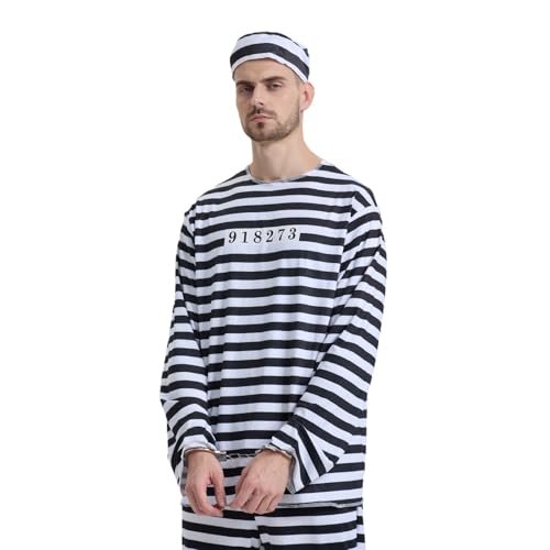 Kostüme Für Erwachsene Sträfling Kostüm Dieb Gefängnis Geefängnis Gestreift Black and White Party Outfit Paar-Stil Gefangener Karneval Herren Einbrecher Halloween Kostümset Prisoner Mottoparty von Generisch