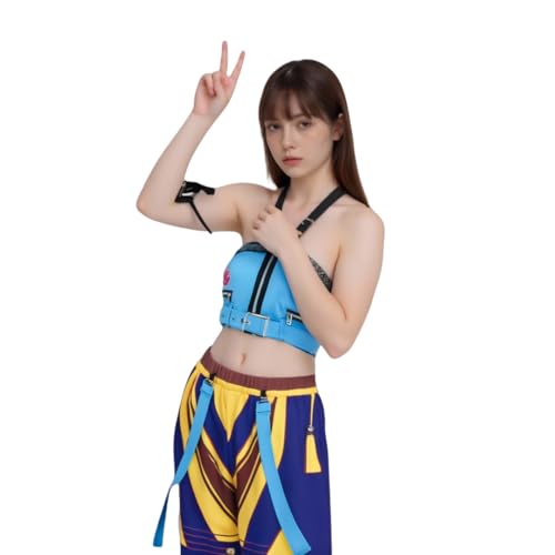 Kpop Cosplay-Kostüm, Neckholder-Top und Hose, Set für Halloween und Bühne (Gelbblau, XL) von Generisch