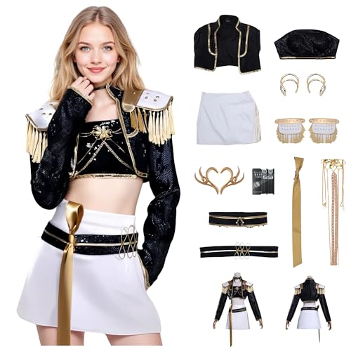 Kpop Kostüm, Cosplay, K-Pop-Cosplay-Outfit mit Gürtel und Ketten-BH, komplettes Set, ausgefallene Paillettenjacke und Kleid für Bühnenauftritte, Halloween, Karneval (Schwarz + Gold, XL) von Generisch