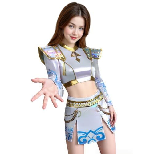 Kpop Kostüm Cosplay, Kpop Idol Kostüm Cosplay, Glänzendes Tanzoberteil und Rock Set für Halloween (Weiß, XXS) von Generisch