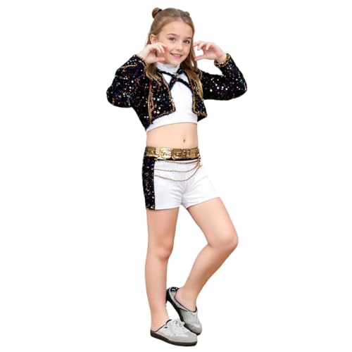 Kpop Kostüm Cosplay, Kpop Tanzkostüm Schwarze Pailletten Karneval Outfits Damen Halloween Kostüme Verkleidung für Party (Schwarz, S) von Generisch