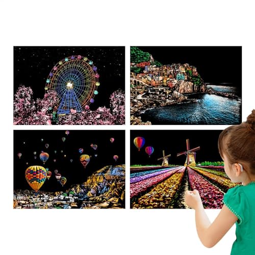 Kratzpapier für Kinder | 4 Blatt Regenbogen Gravur Malerei Landschaft Kratzbrett | Bastelset mit Stift, A4 Kratzmalerei Regenbogen Papier für Erwachsene und Kinder von Generisch