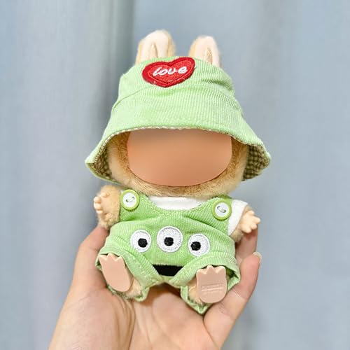 Labubu Kleidung für Puppen - Stilvolles Fischerhut & Overalls Set, Strap Rock mit Haarschmuck, Premium Labubu Outfit für 17/15cm Puppen, Sammler Labubu Puppe Kleidung (Keine Puppe) von Generisch