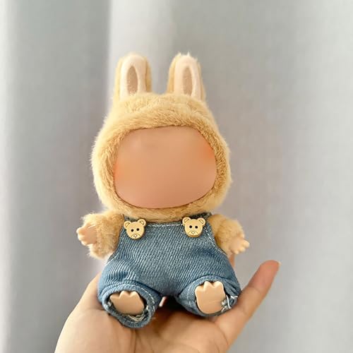 Labubu Kleidung für Puppen - Stilvolles Fischerhut & Overalls Set, Strap Rock mit Haarschmuck, Premium Labubu Outfit für 17/15cm Puppen, Sammler Labubu Puppe Kleidung (Keine Puppe) von Generisch
