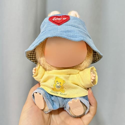Labubu Kleidung für Puppen - Stilvolles Fischerhut & Overalls Set, Strap Rock mit Haarschmuck, Premium Labubu Outfit für 17/15cm Puppen, Sammler Labubu Puppe Kleidung (Keine Puppe) von Generisch