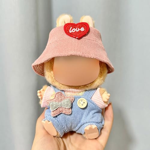 Labubu Kleidung für Puppen - Stilvolles Fischerhut & Overalls Set, Strap Rock mit Haarschmuck, Premium Labubu Outfit für 17/15cm Puppen, Sammler Labubu Puppe Kleidung (Keine Puppe) von Generisch