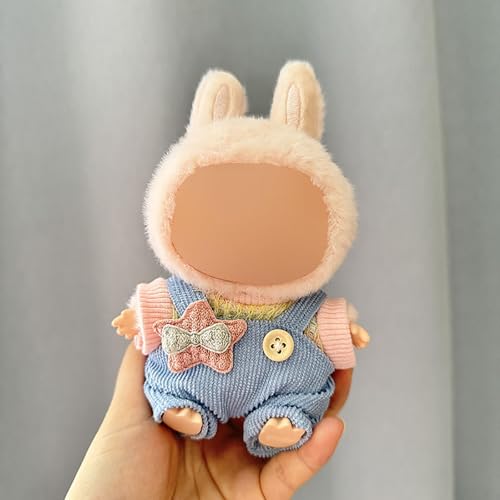 Labubu Kleidung für Puppen - Stilvolles Fischerhut & Overalls Set, Strap Rock mit Haarschmuck, Premium Labubu Outfit für 17/15cm Puppen, Sammler Labubu Puppe Kleidung (Keine Puppe) von Generisch