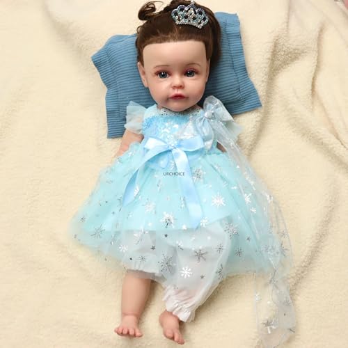 Lebensechte Babypuppe aus Silikon, 50 cm, handgefertigt, verwurzeltes braunes Haar, offener Mund, für Künstler und Sammler (bemalt) von Generisch