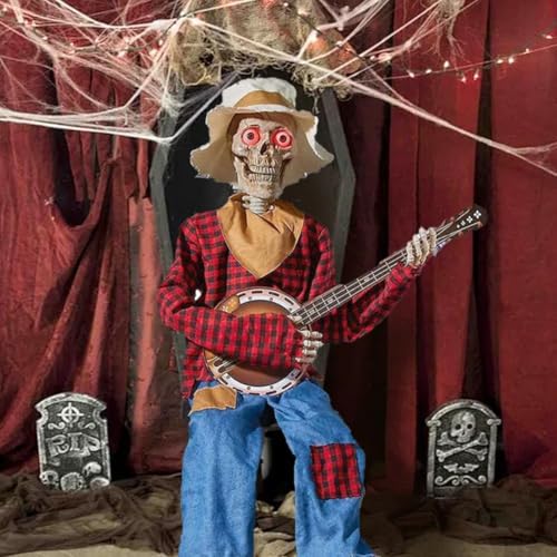 Lustige, animierte Duell-Banjo-Skelette, Halloween-Musik-Skelette, leuchtendes Skelett, spielendes Banjo, Halloween-Dekoration, Land-Skelett-Musiker für Innen- und Außendekoration von Generisch