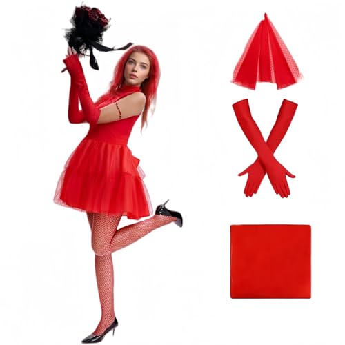 Lydia Deetz Kostüm Cosplay 80er Jahre Rot Gothic Hochzeitskleid Komplettes Set für Halloween (RED1, L) von Generisch