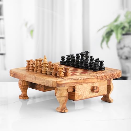 M´Zaytouna Schachtisch rustikal mit Schublade aus Olivenholz, Schachspiel, 100% Bio, Handgefertigtes Schachbrett mit Füßen und intigrierte Schublade, Brettspiel aus reinem Olivenholz (Rot) von Generisch