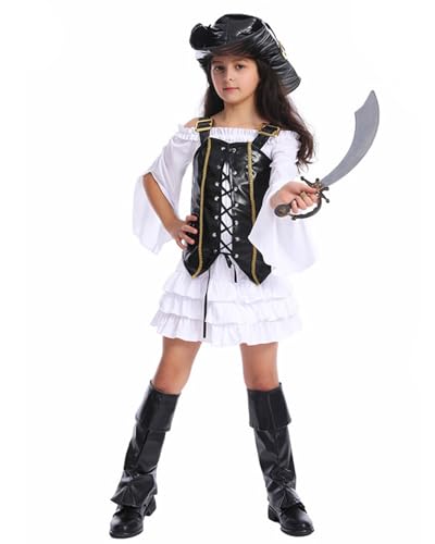 Mädchen Piraten Kostüm Set, 3-teiliges Verkleidung mit Hut und Weste, Weiß-Schwarz Freibeuter Outfit für Buchtag, Halloween (L) von Generisch