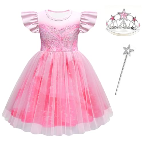 Mädchen Rosa Blasenkostüm Kinder Prinzessin Tüll Kleider Party Outfits mit Krone Feenstab von Generisch