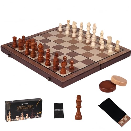 Magnetisches Schachspiel aus Holz, 39 x 39 x 2,5 cm, Faltbares Brett mit Schachfiguren, Braun von Generisch