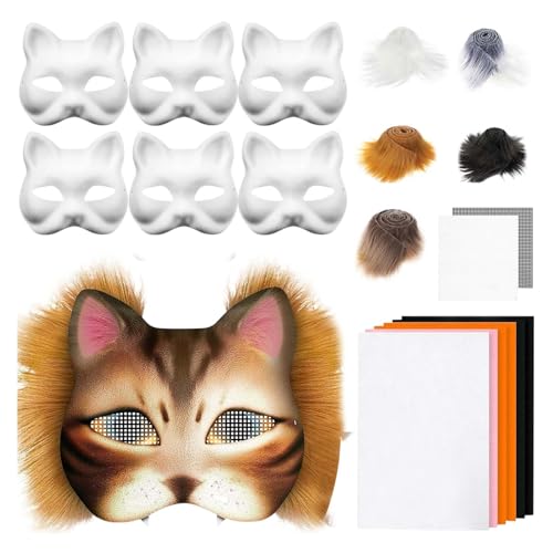 Maske Bastelset 6 Stück Leere Katzenmasken mit Kunstpelz Augennetz und Filztuch Komplettset zum Gestalten für Cosplay Karneval Halloween Maskenball Kostüm Accessoires Kreativprojekte von Generisch