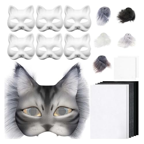 Maske Bastelset 6 Stück Leere Katzenmasken mit Kunstpelz Augennetz und Filztuch Komplettset zum Gestalten für Cosplay Karneval Halloween Maskenball Kostüm Accessoires Kreativprojekte von Generisch