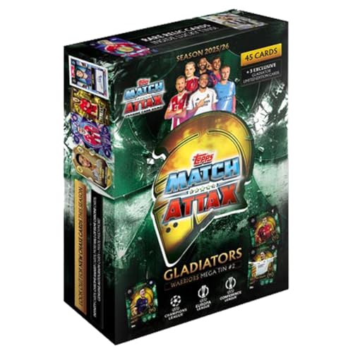 Match Attax CL 2025/26 Trading Cards Bundle | 1x Gladiators Mega Tin #2 „Warriors“ | 45 Sammelkarten | 3 Exklusive Limitierte Karten | Fußball Trading Cards | Neu & OVP von Generisch