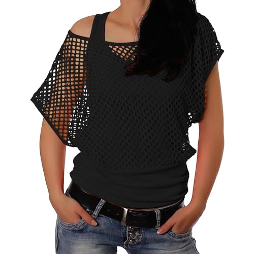 Mesh Oberteil Damen Netzoberteil Damen One Shoulder Oberteil Damen 80er 90er Jahre Outfit Damen Netzoberteil Tank Top Frauen Netzshirt Neon Shirt Festival Oberteil Hippie Karneval Fasching Mottoparty von Generisch