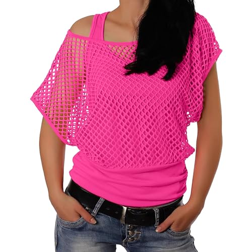 Mesh Oberteil Damen Netzoberteil Damen One Shoulder Oberteil Damen 80er 90er Jahre Outfit Damen Netzoberteil Tank Top Frauen Netzshirt Neon Shirt Festival Oberteil Hippie Karneval Fasching Mottoparty von Generisch
