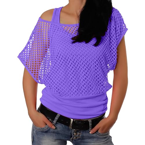 Mesh Oberteil Damen Netzoberteil Damen One Shoulder Oberteil Damen 80er 90er Jahre Outfit Damen Netzoberteil Tank Top Frauen Netzshirt Neon Shirt Festival Oberteil Hippie Karneval Fasching Mottoparty von Generisch