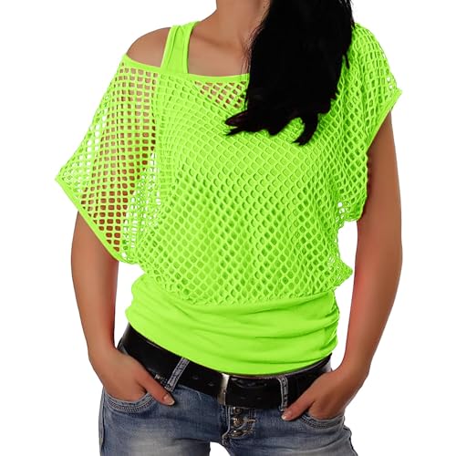 Mesh Oberteil Damen Netzoberteil Damen One Shoulder Oberteil Damen 80er 90er Jahre Outfit Damen Netzoberteil Tank Top Frauen Netzshirt Neon Shirt Festival Oberteil Hippie Karneval Fasching Mottoparty von Generisch