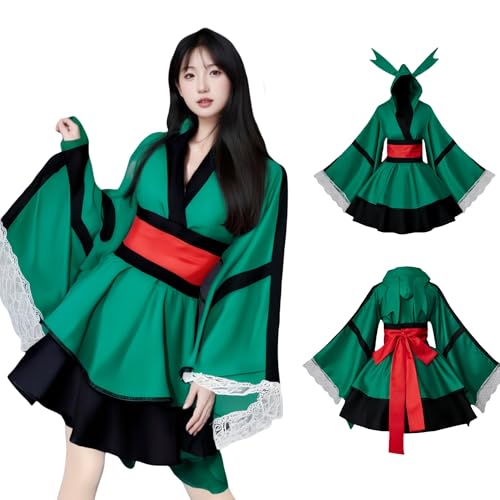 Midoriya MHA Cosplay-Kostüm, Bakugou-Freund-Kostüm, Yukata mit Kapuze, BNHA Kimono-Kleid mit Spitzenbündchen für Halloween (Grün, Größe 2XL) von Generisch
