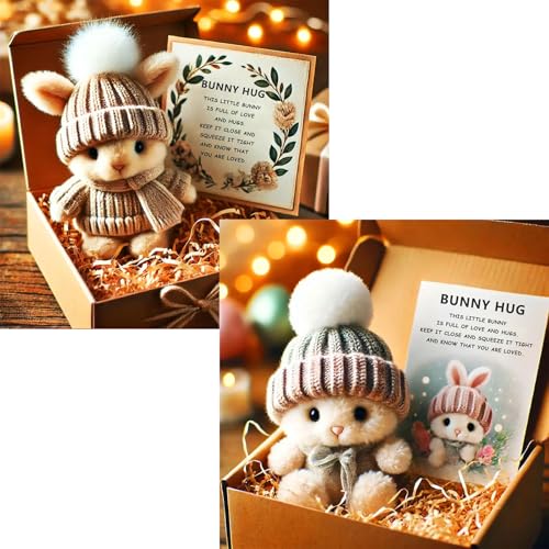 Mini Bunny Hug Cute Easter Gift, Crochet Mini Rabbit Hug with Knitted Hat and Pom Pom,Bunny Stuffed Animal Sets with Box and Sweet Card,Handmade Emotional Support Positive Bunny (2PCS-F) von Generisch