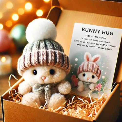 Mini Bunny Hug Cute Easter Gift, Crochet Mini Rabbit Hug with Knitted Hat and Pom Pom,Bunny Stuffed Animal Sets with Box and Sweet Card,Handmade Emotional Support Positive Bunny (Color D) von Generisch