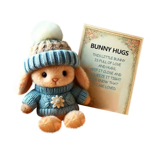 Mini Bunny Hug Cute Easter Gift Positive Easter Bunny Plush Toy with Knitted Hat & Gift Box Emotionale Unterstützung Häkelner Kaninchen Kuscheltier Pocket Hugs Bunnies Stofftier (Blue) von Generisch