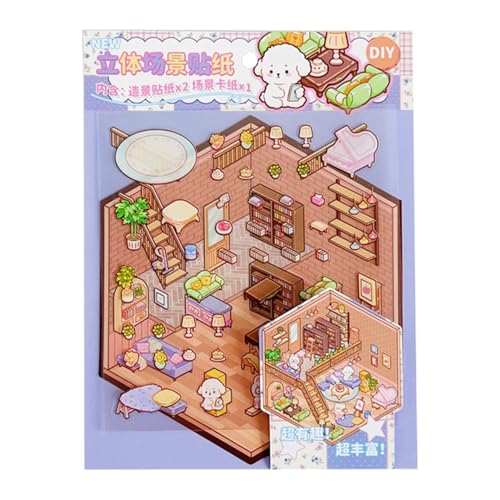 Miniatur-Haus-Aufkleber-Set, Miniatur-Aufkleber-Szene - Aufkleber zum Stressabbau mit -Effekt - Erstellen Sie Ihre eigenen Szenenaufkleber, kleine Haustierhaus-Aufkleberszenen für Kinder und Erwachs von Generisch