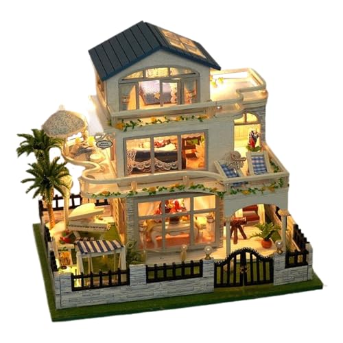 Miniatur Haus Bausatz, 3D Holz Handwerk Villen Modell Bausatz Mit LED-Beleuchtung, Handgefertigtes Bastelset & Zimmerdeko Für Kinder Jugendliche Erwachsene von Generisch