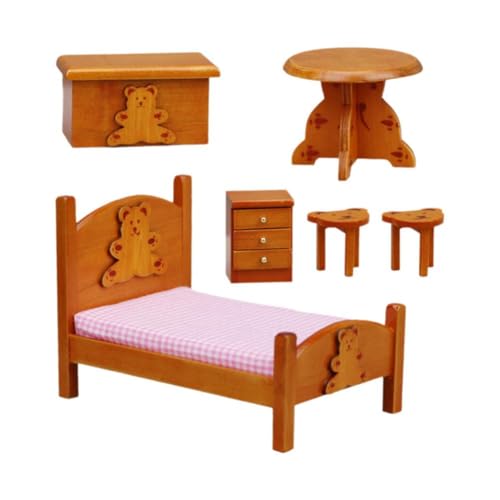 Miniatur-Schlafzimmer: Einzelbett im Maßstab 1:12 mit Bettkasten und niedlichem Ablagetisch – Truhe mit Stühlen und Mini-Kommode von Generisch