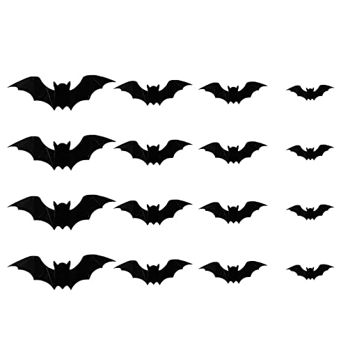 Mit Sound Licht 16 Stück Halloween 3D Fledermaus Dekorationen 4 Verschiedene Größen realistische PVC gruselige Schwarze Fledermaus Aufkleber für Heimdekoration DIY Wandtattoos (Multicolor, One Size) von Generisch