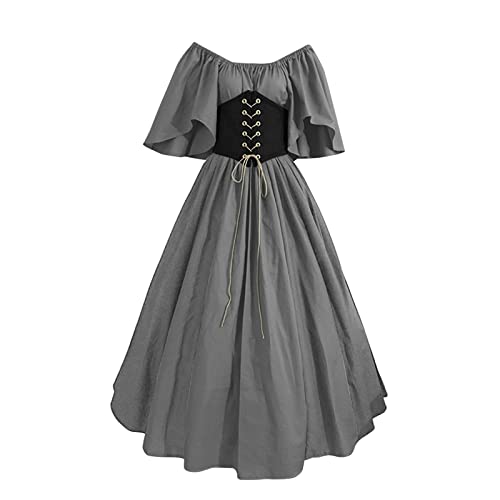 Mittelalter Kleid Damen Lange Abendkleider Cosplay Gothic Große Größen Viktorianische Partykleid Halloween Karneval Kostüm Elegant Bound Waist Ballkleid mit Fliegenärmeln (01-Grey, L) von Generisch