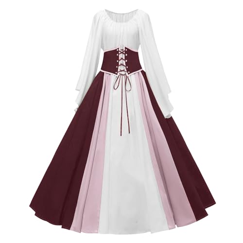 Mittelalter Kleid Damen Renaissance Vintage Kleidung Gebundene Taille A-Line Swing Elegant Damen Kostüm Halloween Karneval Party Cosplay Viktorianisches Langärmel Oversize Ballkleid für Erwachsen von Generisch