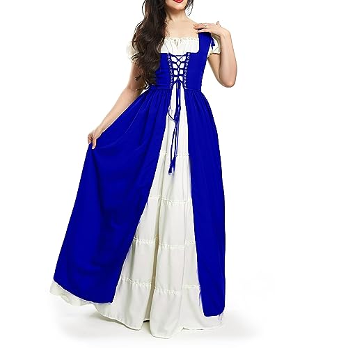 Mittelalter Kleid Halloween-Kostüm Damen Große Größen Medieval Dress Cosplay Hexenkleid Plus Size Lang Oberteil Elegant Outfit Curvy Kleidung 2#königsblau XXL von Generisch