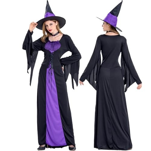 Mittelalter Kleid Halloween Kostüm Damen Hexe Gothikkleider Elegant Hexenkleid Outfit Oberteil Cosplay Große Größen Dress Adult Frauen Medieval Kleidung 2#lila M von Generisch