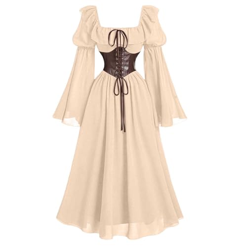 Mittelalter Kleidung Damen Kostüm Halloween Renaissance Maxikleid Gesmokte Taille High Low Design Mittelalter Steampunk Kleid für Cosplay Party Halloween von Generisch