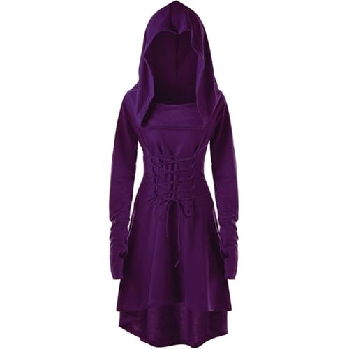 Mittelalter Kleidung Mädchen Renaissance Kleid mit Kapuze Langarm Robe zum Schnüren Gothic Retro Rock Cosplay Halloween Karneval Kostüm für Mädchen Mittelalterliches Kostüm Kleid Halloween Retro von Generisch
