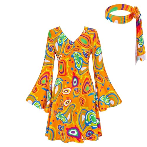 Mittelalterliche Schuhe für Damen, 70er-/60er-Jahre-Stil, Rock-Stirnband-Set, 70er-Jahre-Kostüm, Halloween, Damenkostüm, Mädchen, mittelalterliches Geschenk für Teenager (Orange, M) von Generisch
