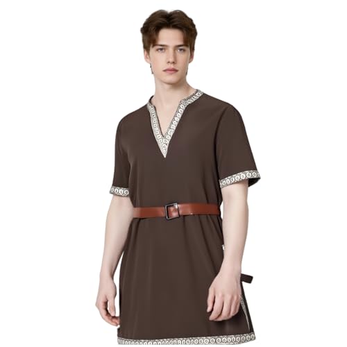 Mittelalterliche Tunika, Hemd, Kostüm, Herren, Ritterkrieger-Kostüm, Erwachsene, kurzärmelig, Tunika mit Gürtel, für LARP, Cosplay, Halloween, Party (Braun, XXL) von Generisch