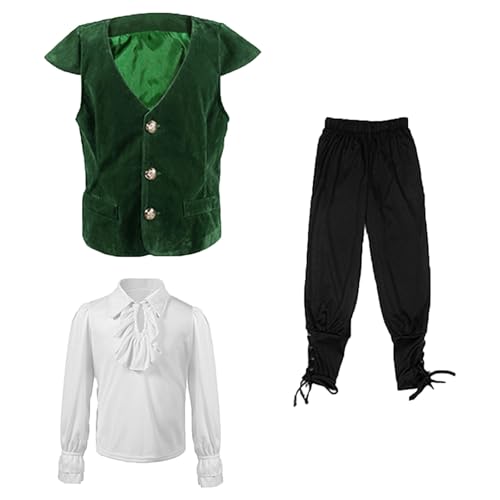 Mittelalterliches Kinder-Kostüm, Outfit für Jungen, Hemden, Weste, Halloween, Anzug, Kleidungsset für Baby (Grün, 10–12 Jahre) von Generisch