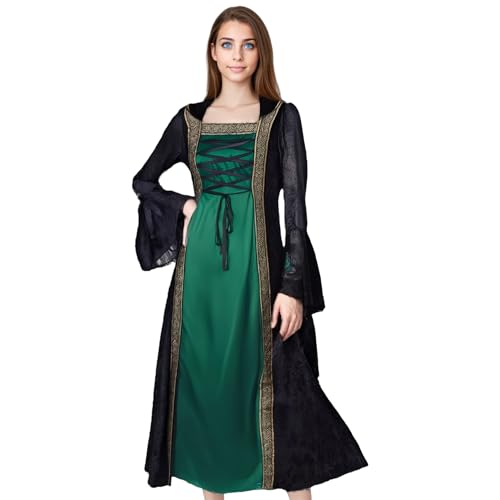 Mittelalterliches Renaissance-Kostüm für Damen, mittelalterlich, Schnürung, Retro, langes Kleid, viktorianisches Wildleder, Riemchen-Kostüm für Halloween, Karneval, Party (Grün, Größe 3XL) von Generisch