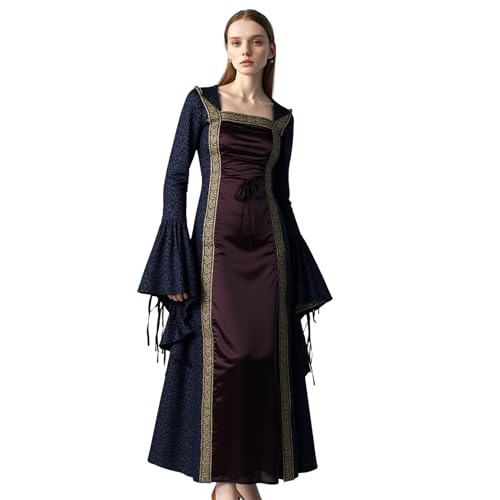 Mittelalterliches Renaissance-Kostüm für Damen, mittelalterliches Schnürkleid, Retro-Stil, langes Kleid, viktorianisches Wildleder, Riemchen-Kostüm für Halloween, Karneval, Party (lila, L) von Generisch