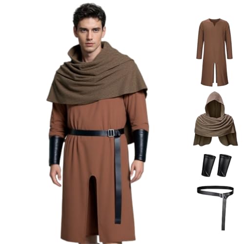 Mittelalterliches Tunika-Kostüm für Herren mit Schal, Ritterkrieger-Kostüm für Erwachsene, komplettes Set mit Handgelenkschutz & Gürtel für LARP, Halloween, Karneval (Braun, S) von Generisch