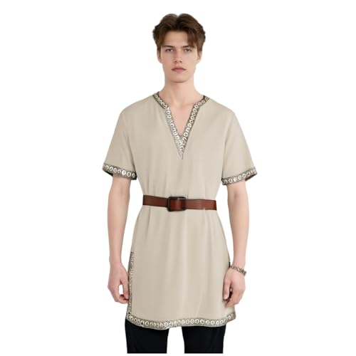 Mittelalterliches Tunika-Shirt-Kostüm für Herren, Ritterkrieger-Kostüm für Erwachsene, kurzärmelig, Tunika mit Gürtel, für LARP, Cosplay, Halloween, Party (Beige, L) von Generisch